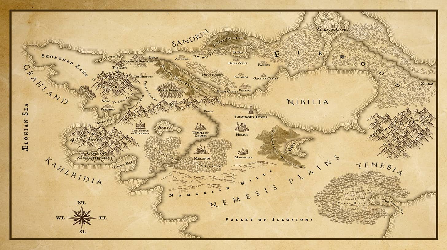 Χάρτης των περιοχών Sandrin, Grahland, Kahlridia, Nibilia, Tenebia